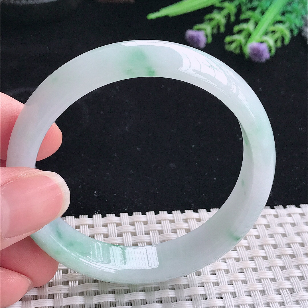 实拍A货翡翠54.8/13.5/7.2老坑冰润起胶飘花手镯翡翠宽边玉镯平安镯美人镯