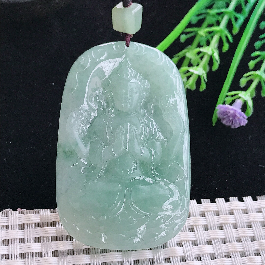 实拍A货翡翠55/35.8/6.2老坑冰润起胶冰晴四臂观音吊坠翡翠玉观音