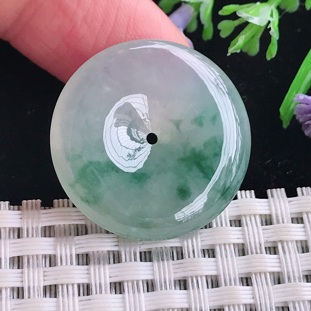 实拍A货翡翠26.3/5.3老坑冰胶水灵冰飘花平安扣吊坠翡翠玉牌