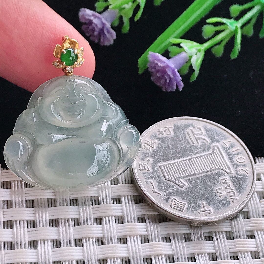 实拍A货翡翠22/26.3/5.6老坑18k金镶嵌冰种佛公吊坠翡翠玉牌