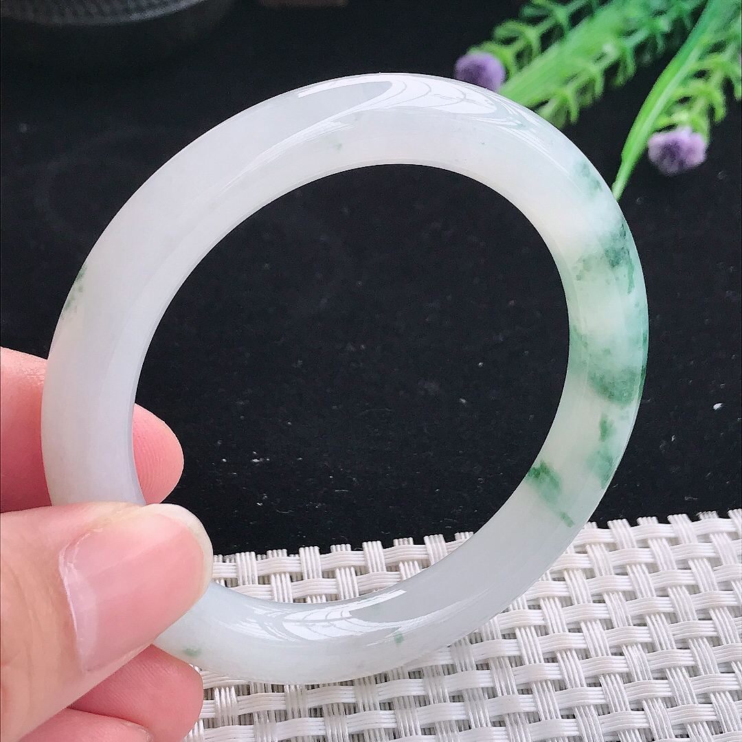 实拍A货翡翠53.5/9/9.3老坑冰胶果冻冰飘花圆条手镯翡翠玉镯平安镯