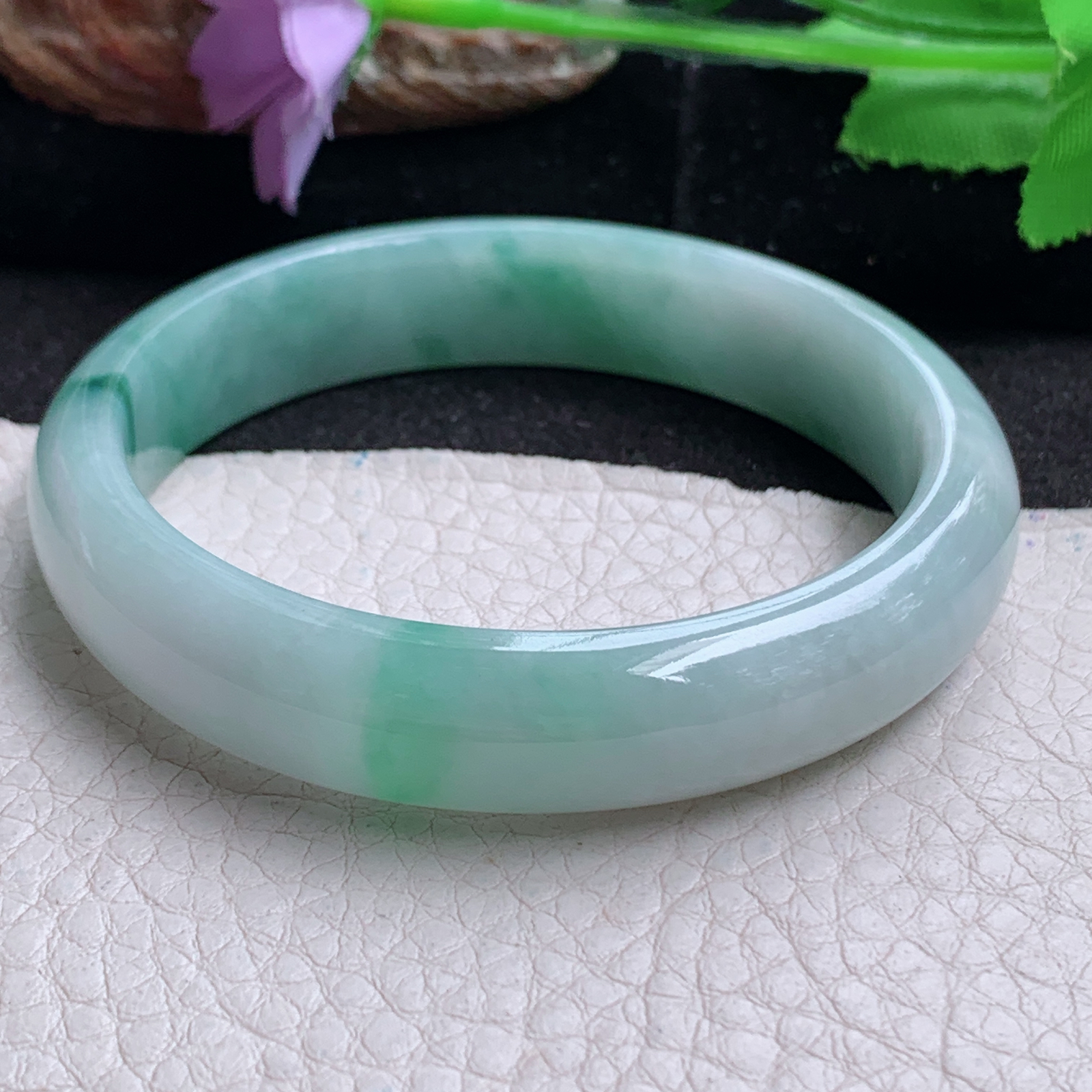 zjf实拍55*12.3*7平安镯 天然缅甸翡翠a货手镯飘花秀气正圈玉镯子