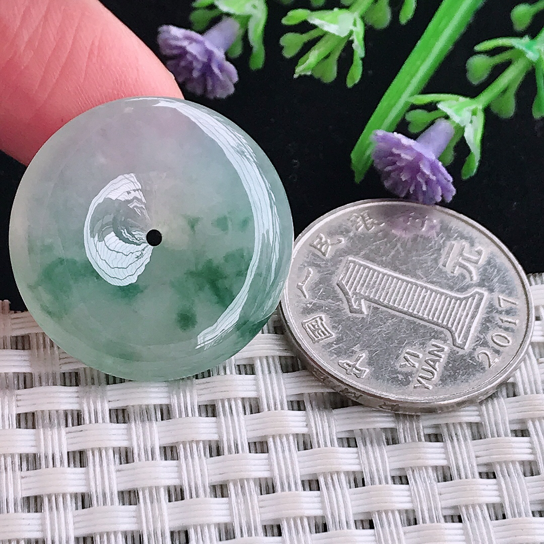 实拍A货翡翠26.3/5.3老坑冰胶水灵冰飘花平安扣吊坠翡翠玉牌