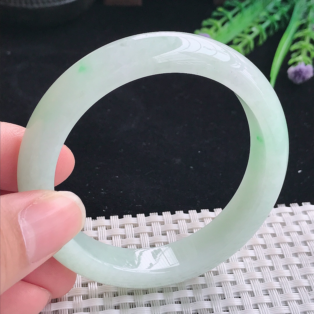 实拍A货翡翠55/12.5/8.3老坑冰润起胶冰晴绿手镯翡翠宽边玉镯平安镯美人镯