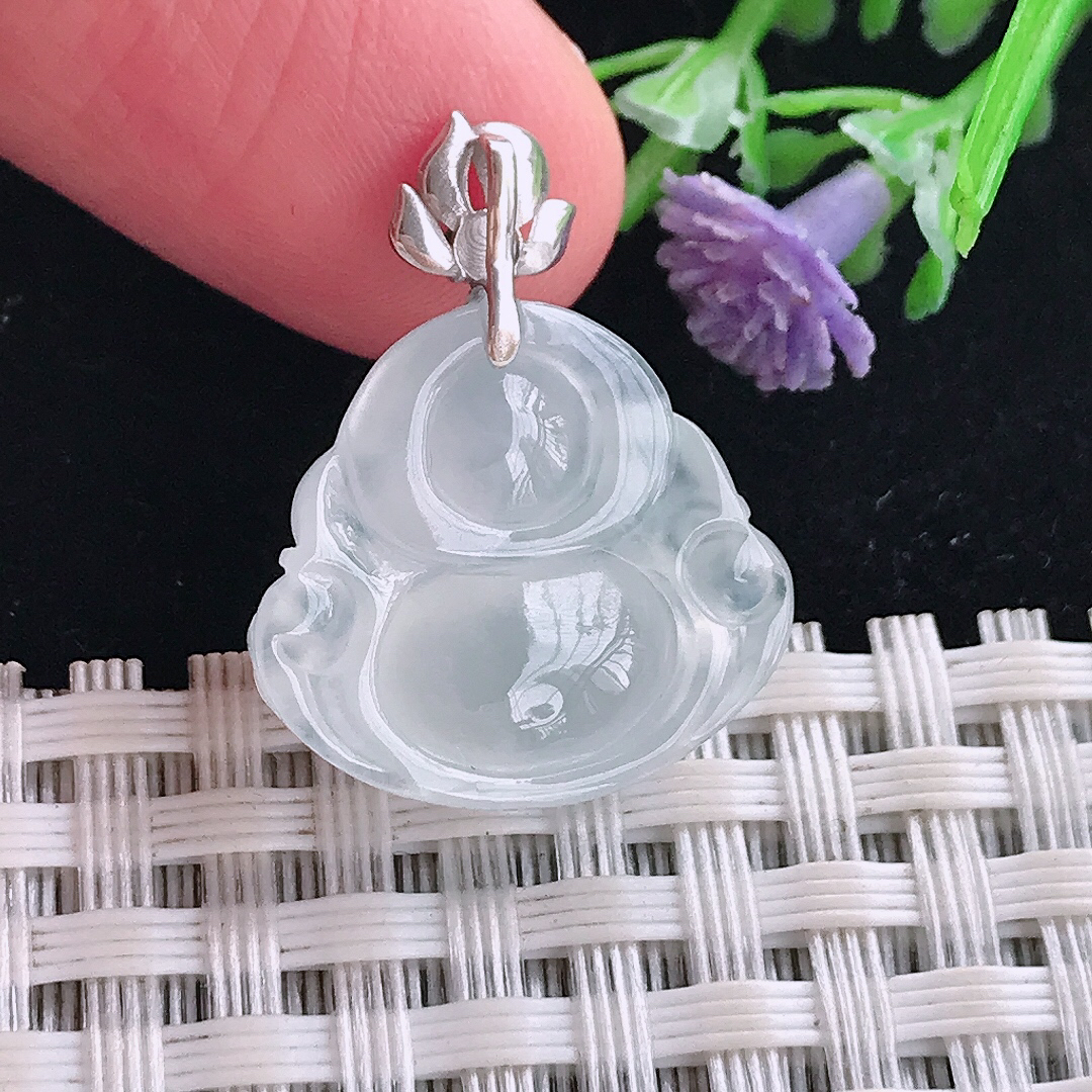 实拍A货翡翠17.2/19/6.9老坑18k金镶嵌起光冰种小佛公吊坠翡翠玉佛