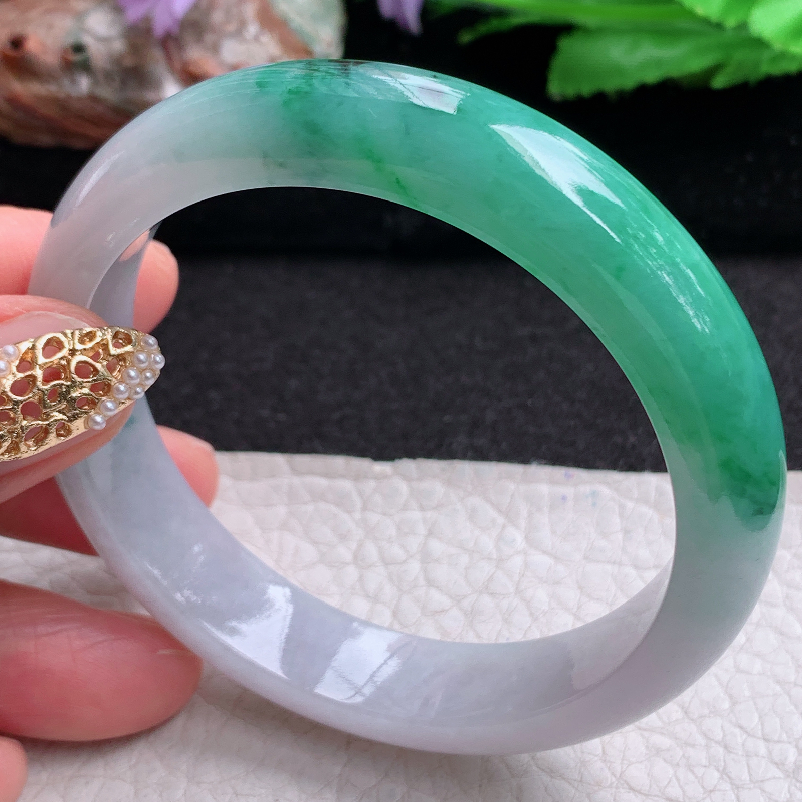 hy实拍55.5*12.7*5招财镯 天然缅甸翡翠a货手镯半山水正圈玉镯子