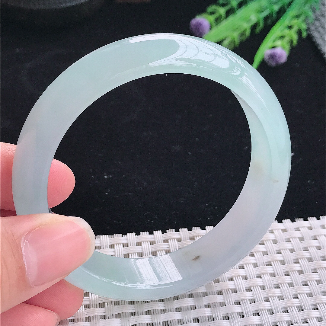实拍A货翡翠58/14.8/7.8老坑冰透果冻胶冰晴天空蓝手镯翡翠宽边玉镯平安镯