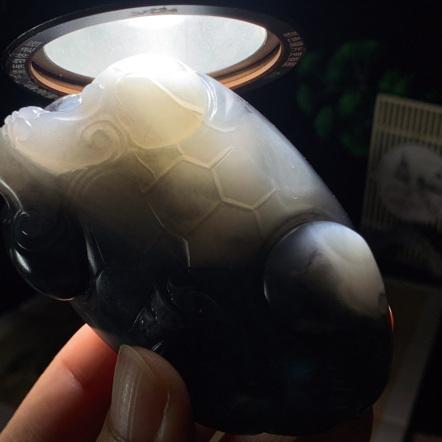 新疆籽料青花招财进宝富贵长寿龙龟把件。尺寸80/49/28重190.4克。玉质细腻油润。手推出油。品相大气。lt260413