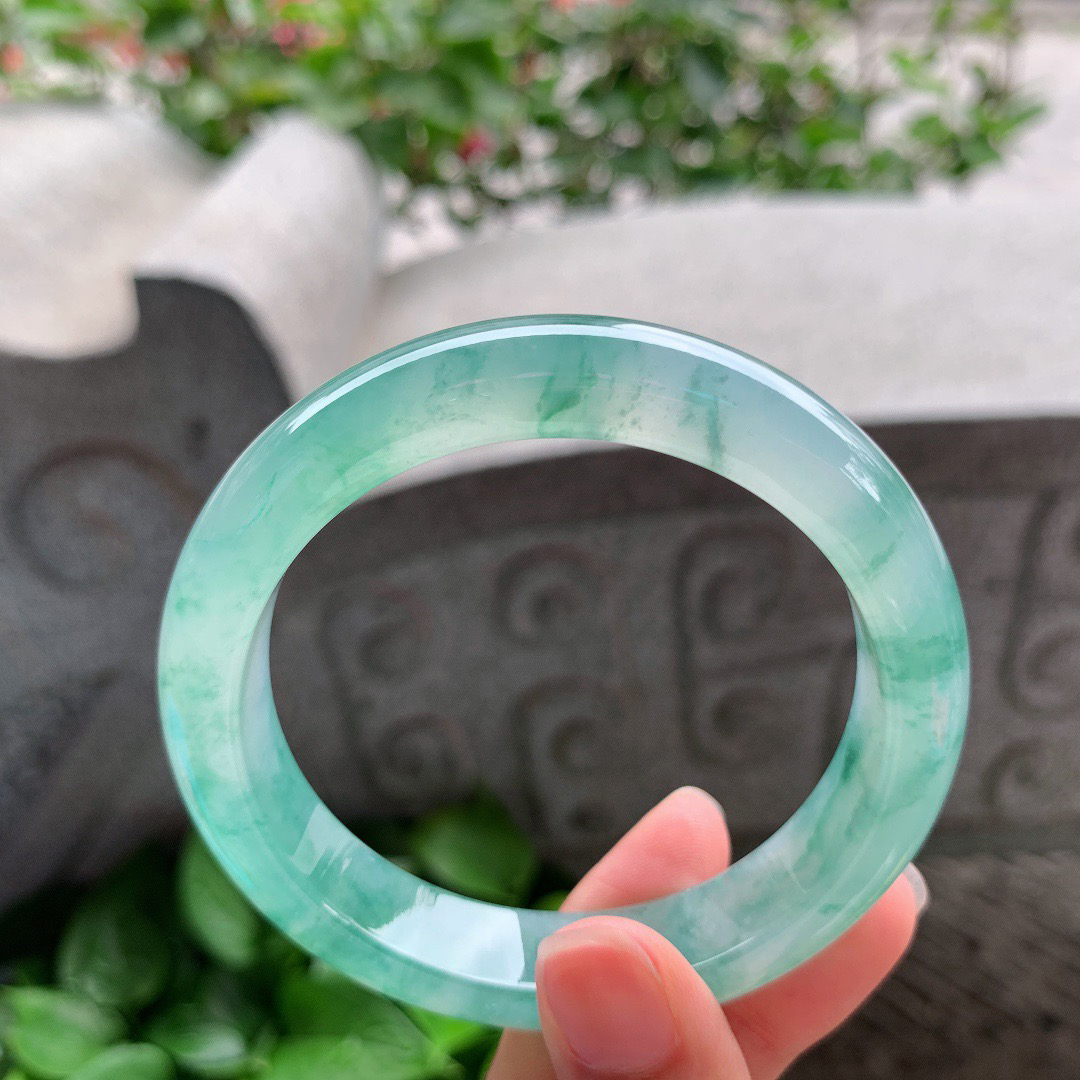 圈口57.6-12.7-8.9 【冰绿飘花正圈手镯】正圈57 58可戴