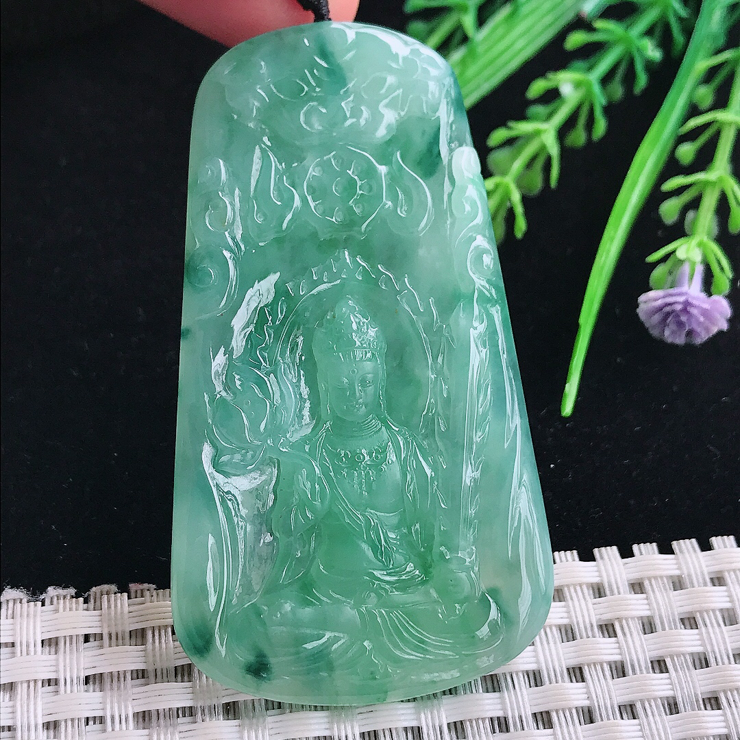 实拍A货翡翠64.3/36/5.5老坑冰胶水灵满绿虚空藏菩萨吊坠翡翠玉牌守护神