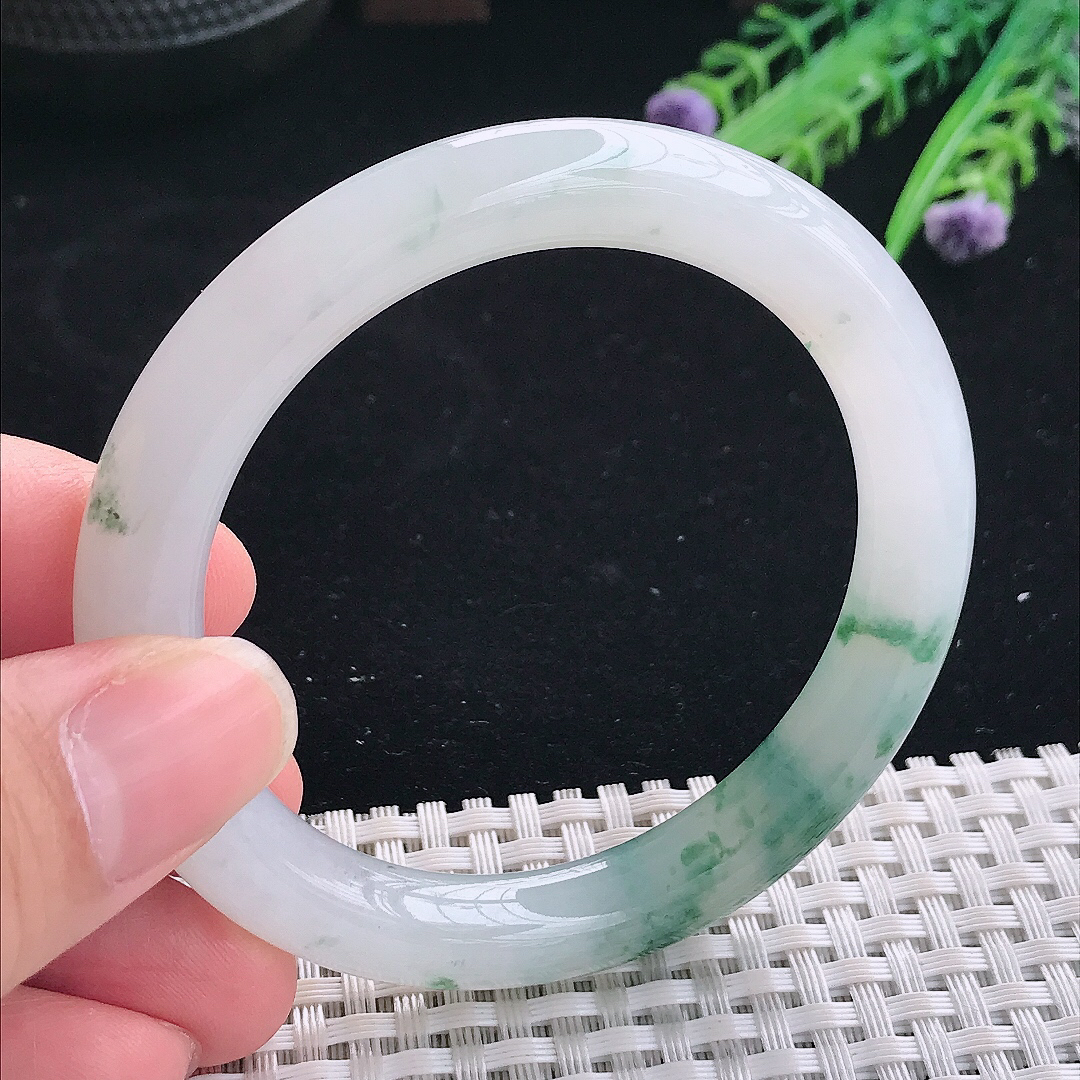 实拍A货翡翠53.5/9/9.3老坑冰胶果冻冰飘花圆条手镯翡翠玉镯平安镯