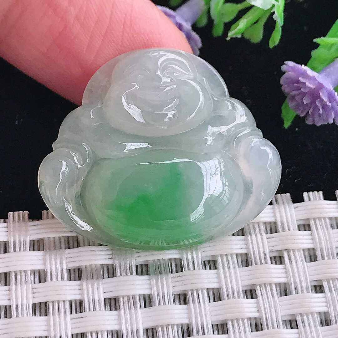 实拍A货翡翠24.9/29.8/5.7老坑冰胶水灵飘阳绿佛公吊坠翡翠玉佛挂件