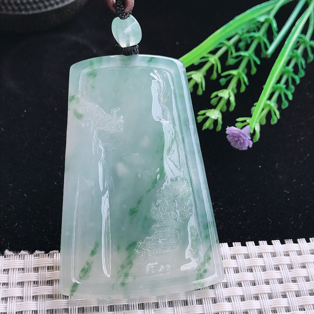 实拍A货翡翠69/46/6.5老坑冰胶果冻冰飘花山水意境牌吊坠翡翠玉牌