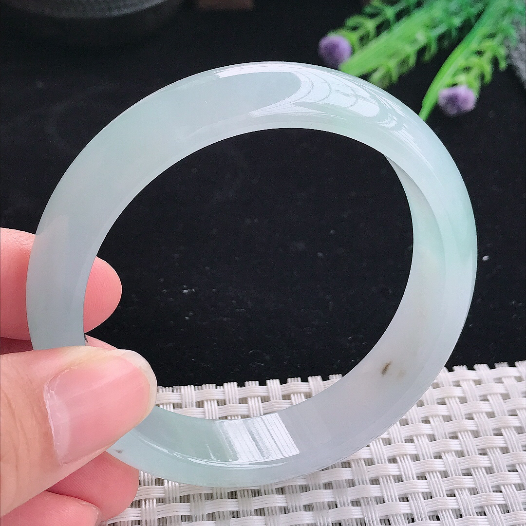 实拍A货翡翠58/14.8/7.8老坑冰透果冻胶冰晴天空蓝手镯翡翠宽边玉镯平安镯