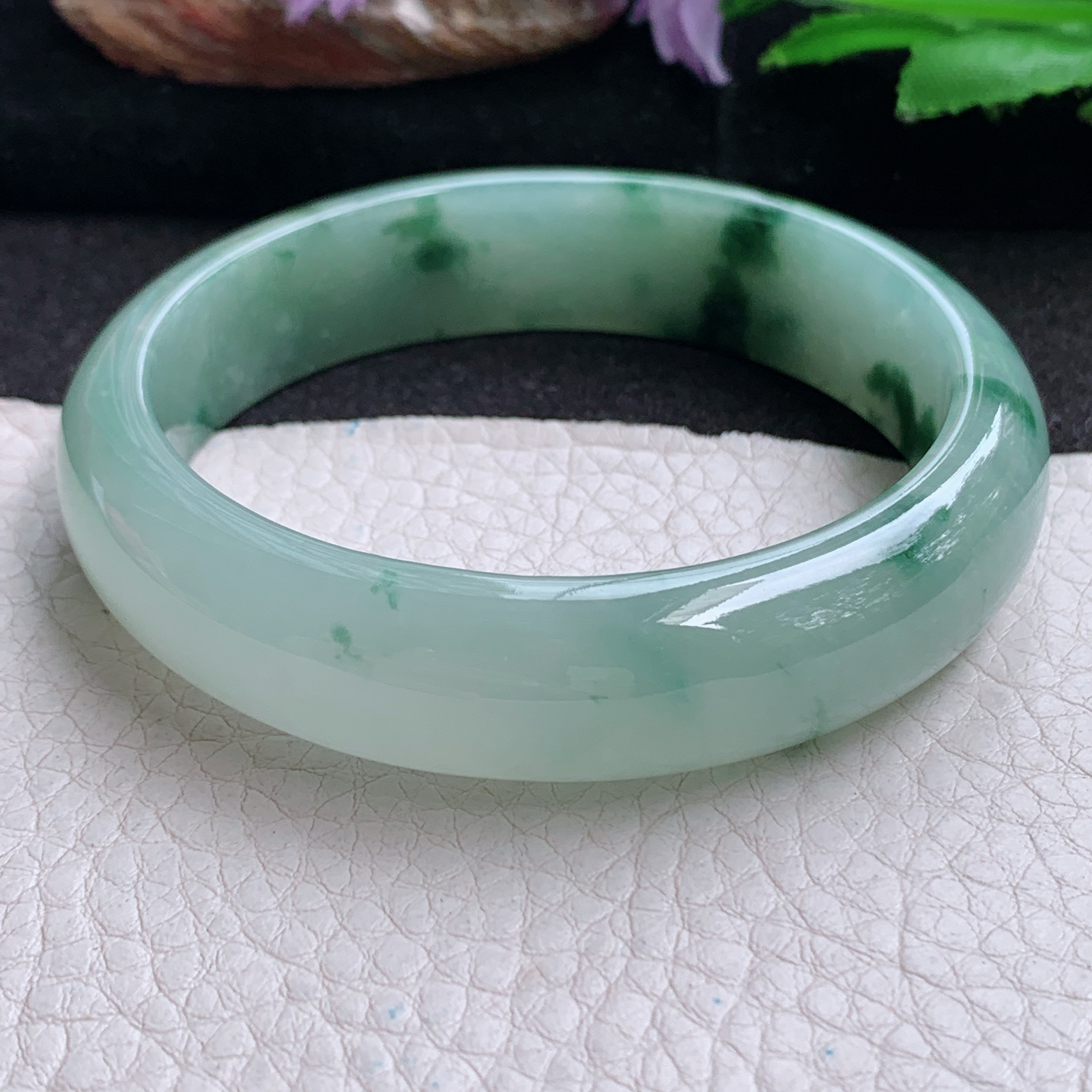 p实拍59.6*15*7.6平安镯 天然缅甸翡翠a货手镯冰飘花正圈玉镯子