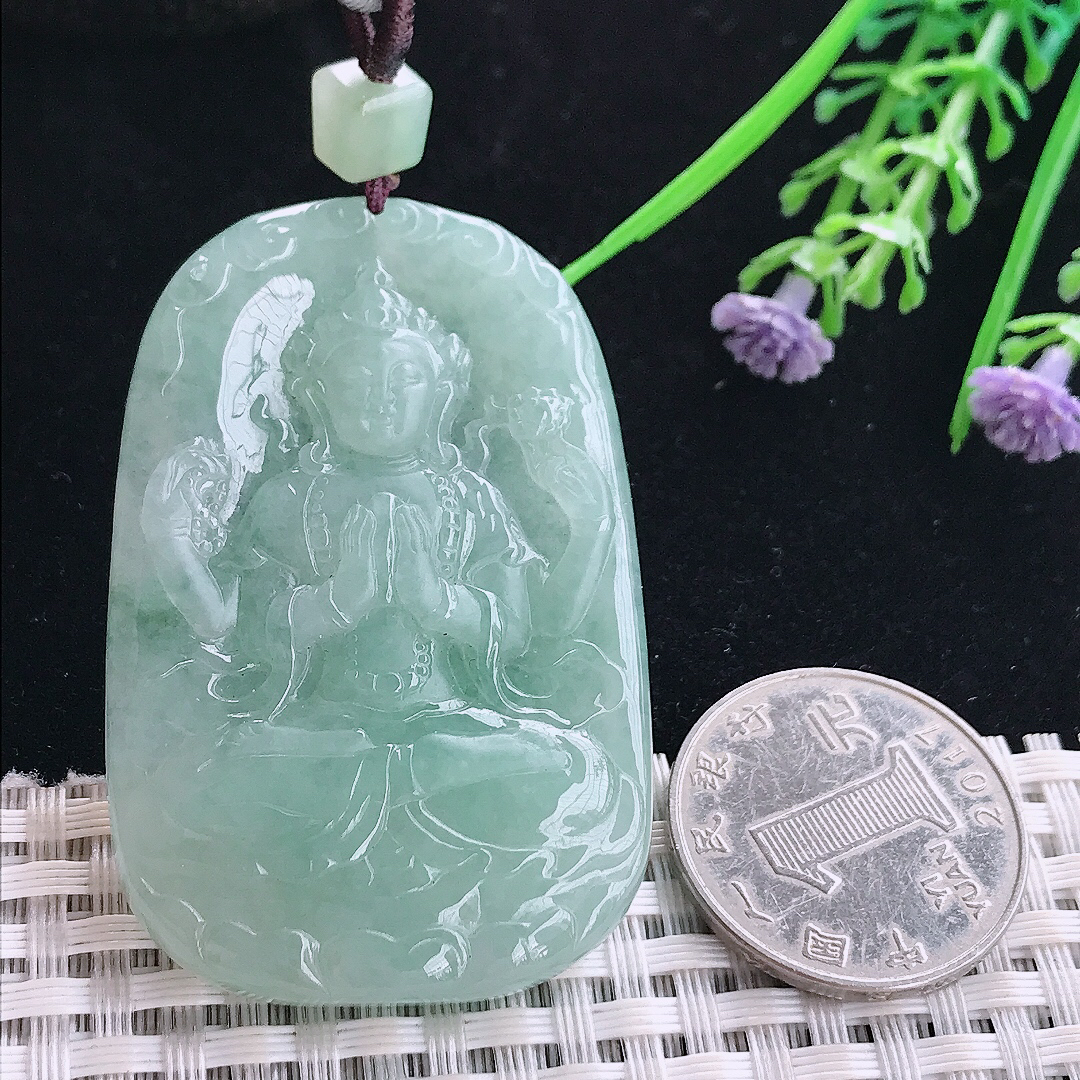 实拍A货翡翠55/35.8/6.2老坑冰润起胶冰晴四臂观音吊坠翡翠玉观音