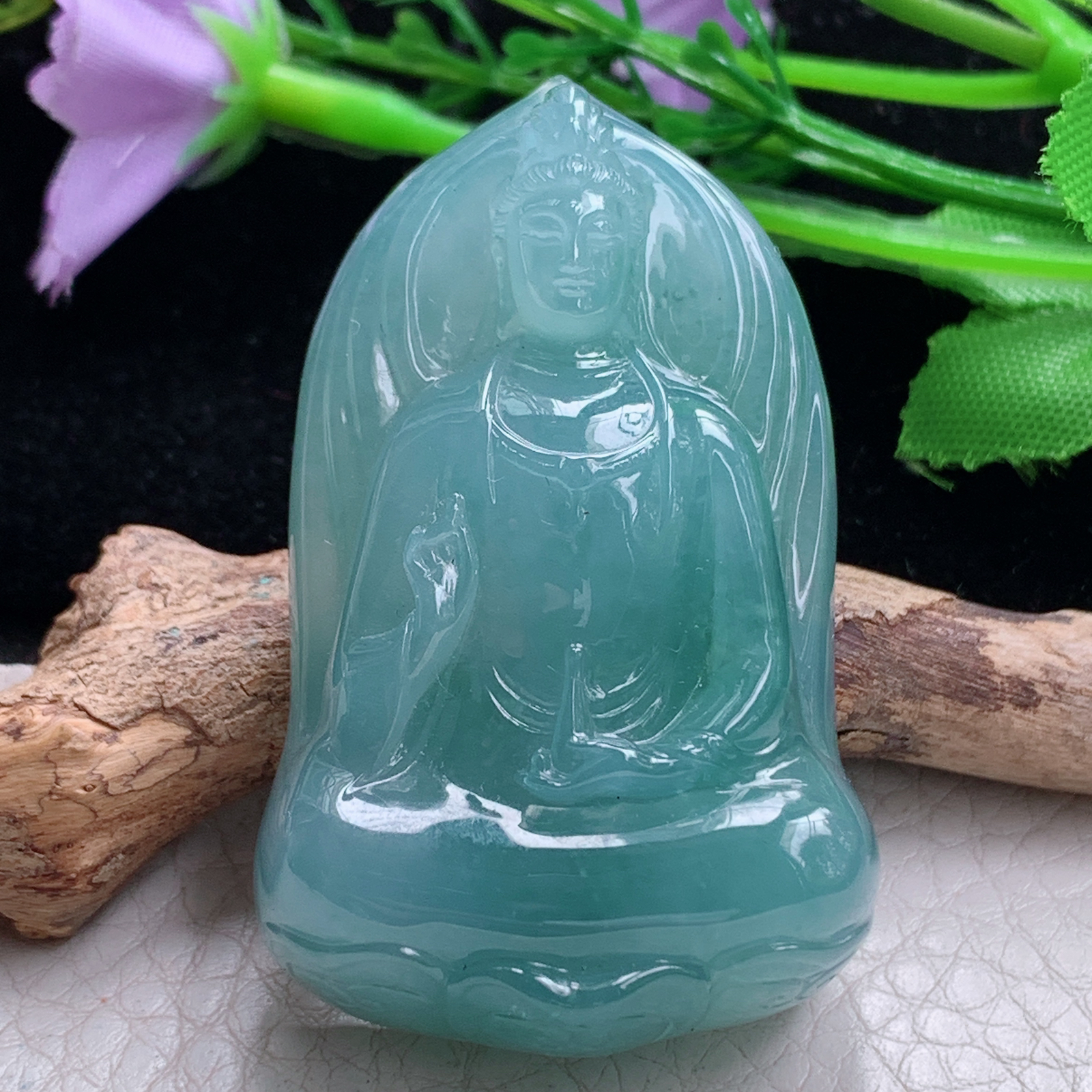 lz实拍52.5*32.3*13天然缅甸翡翠冰蓝持瓶观音 玉观音玉吊坠 玉挂件