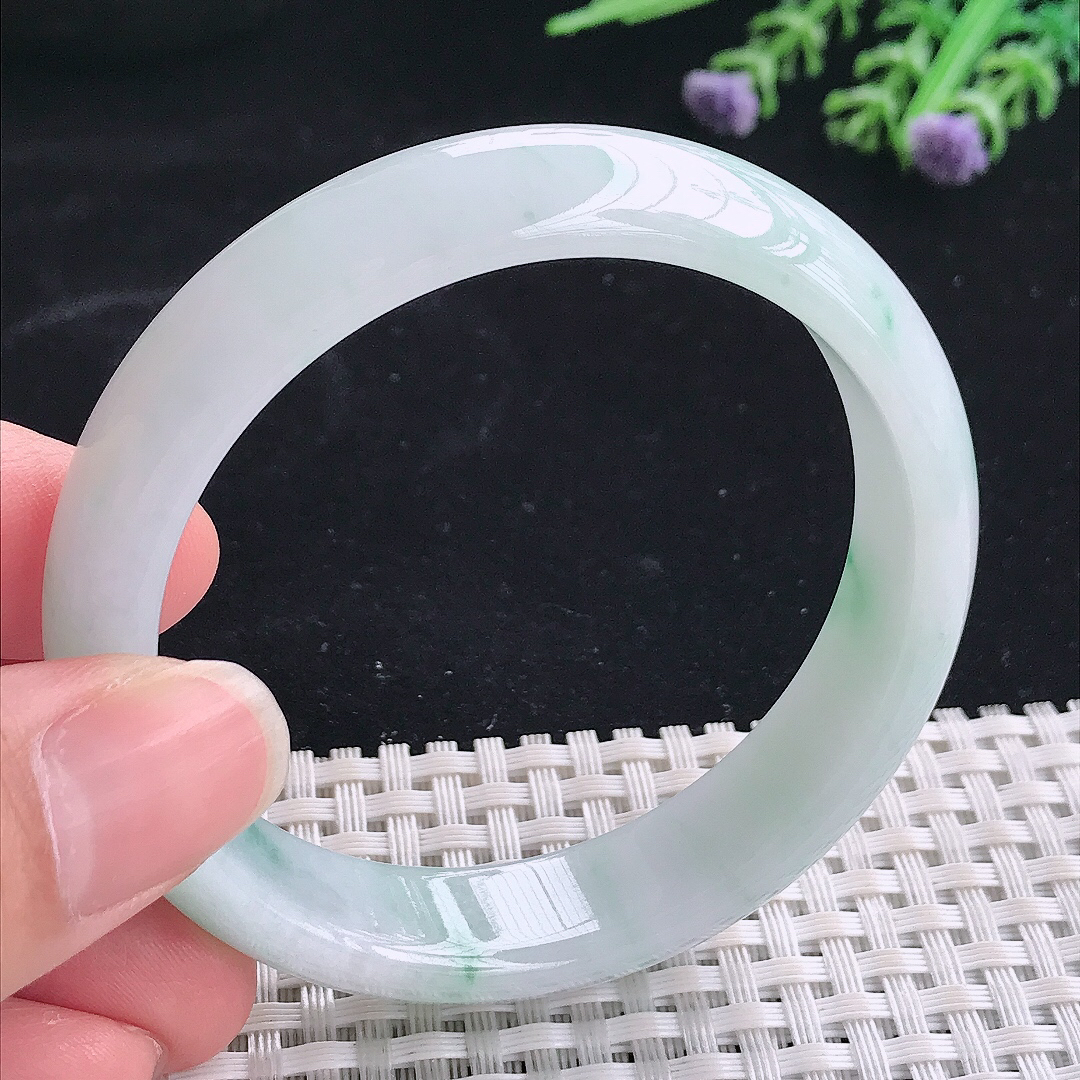 实拍A货翡翠54.8/13.5/7.2老坑冰润起胶飘花手镯翡翠宽边玉镯平安镯美人镯