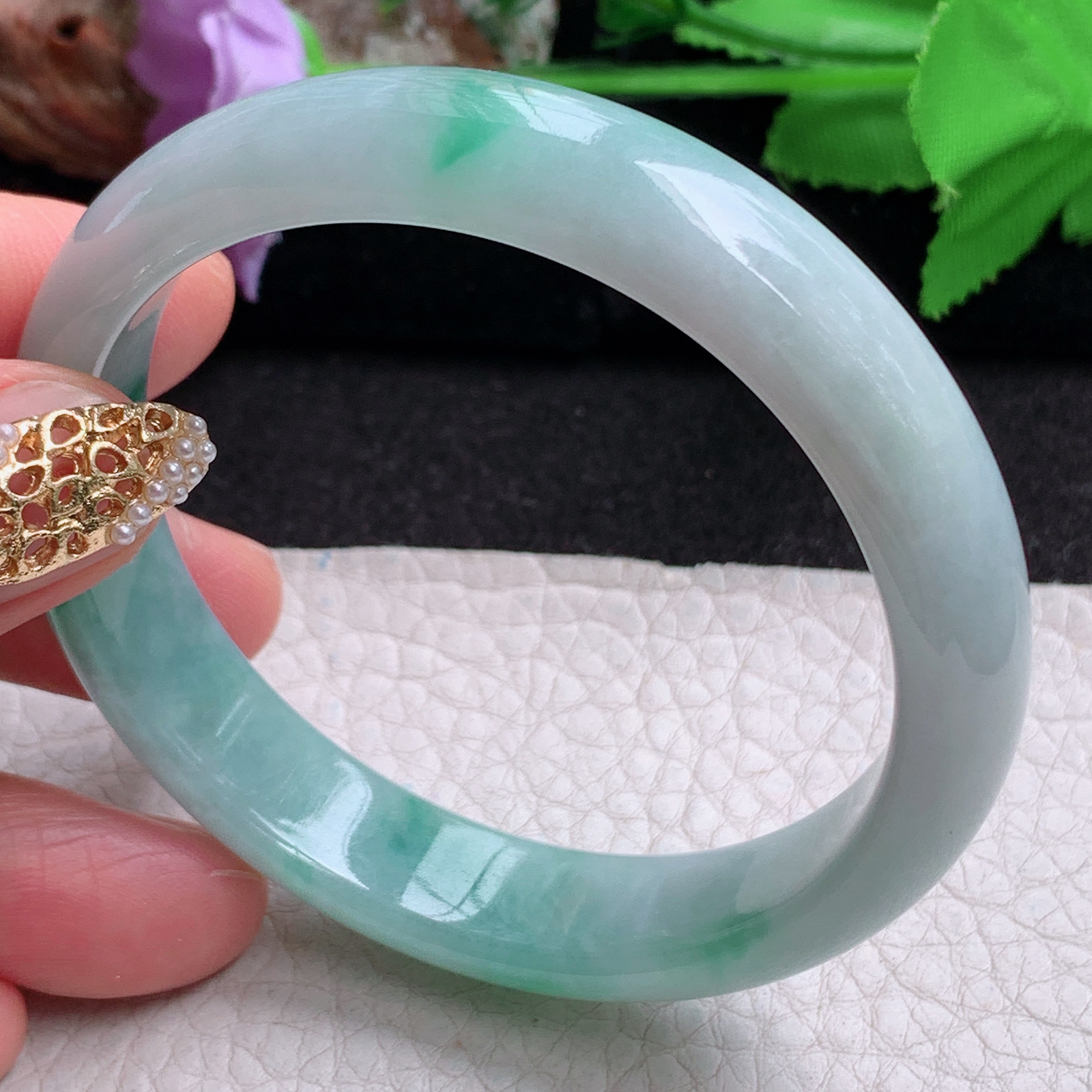 zjf实拍55*12.3*7平安镯 天然缅甸翡翠a货手镯飘花秀气正圈玉镯子