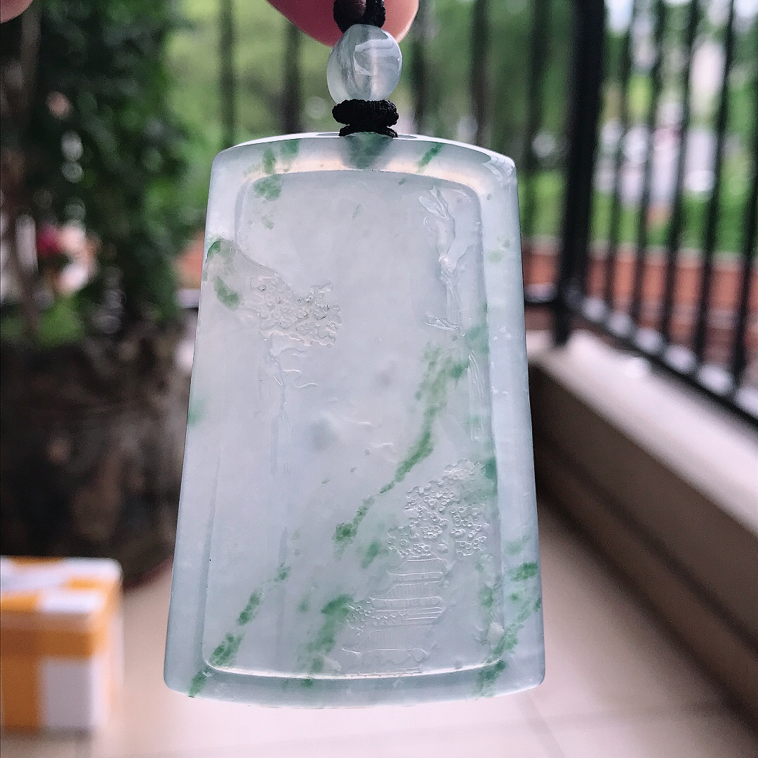 实拍A货翡翠69/46/6.5老坑冰胶果冻冰飘花山水意境牌吊坠翡翠玉牌