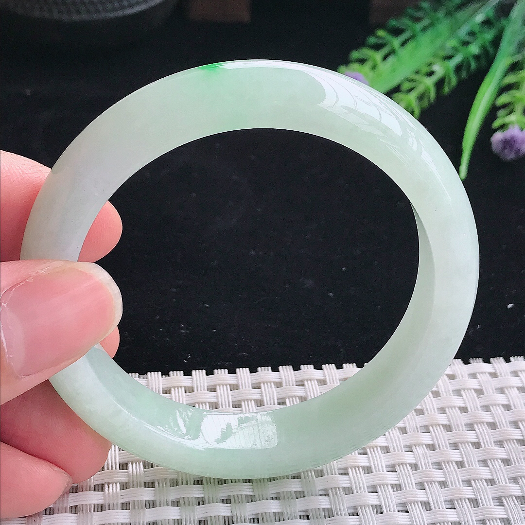 实拍A货翡翠55/12.5/8.3老坑冰润起胶冰晴绿手镯翡翠宽边玉镯平安镯美人镯