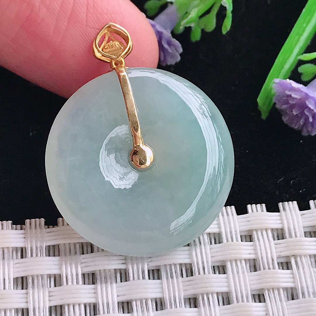 实拍A货翡翠23.9/5.3老坑18k金镶嵌冰胶水灵平安扣吊坠翡翠玉牌