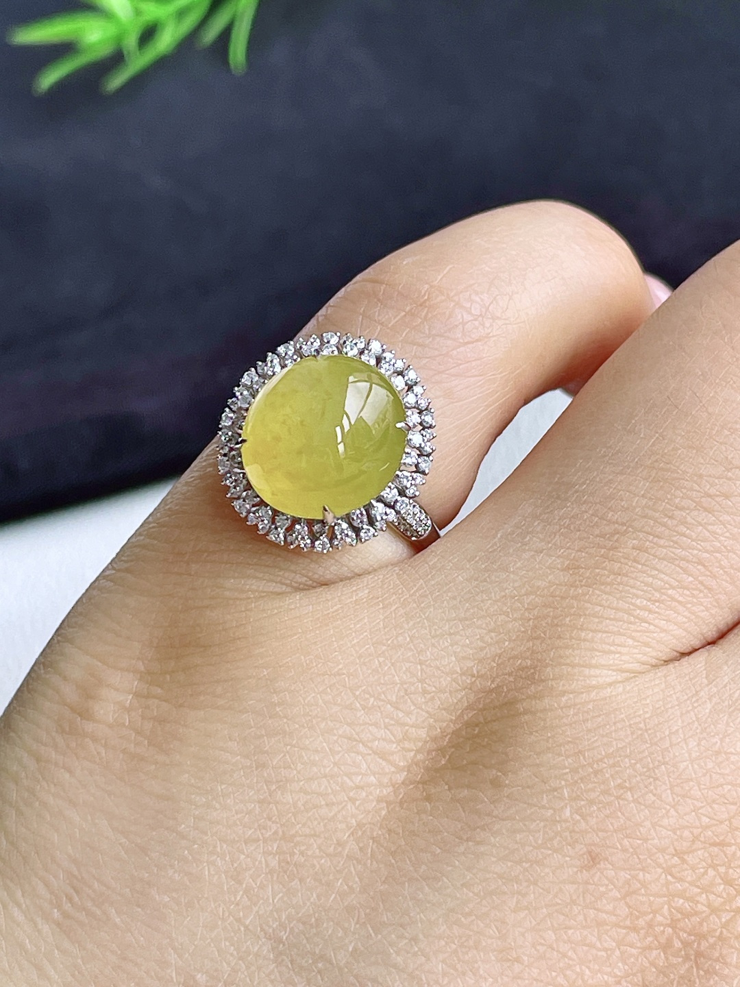 【镶嵌】冰黄翡蛋面戒指 【说明】缅料 18k金镶嵌 无裂 性比高 【整体】15.6-14.7-10