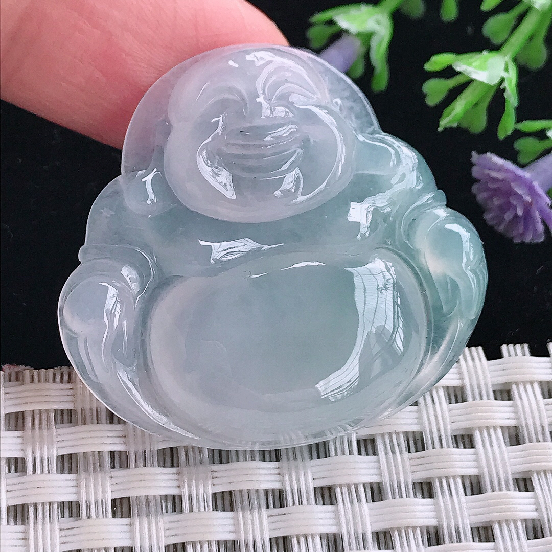 实拍A货翡翠33.8/36.3/6.3老坑冰种果冻胶冰晴天空蓝佛公吊坠