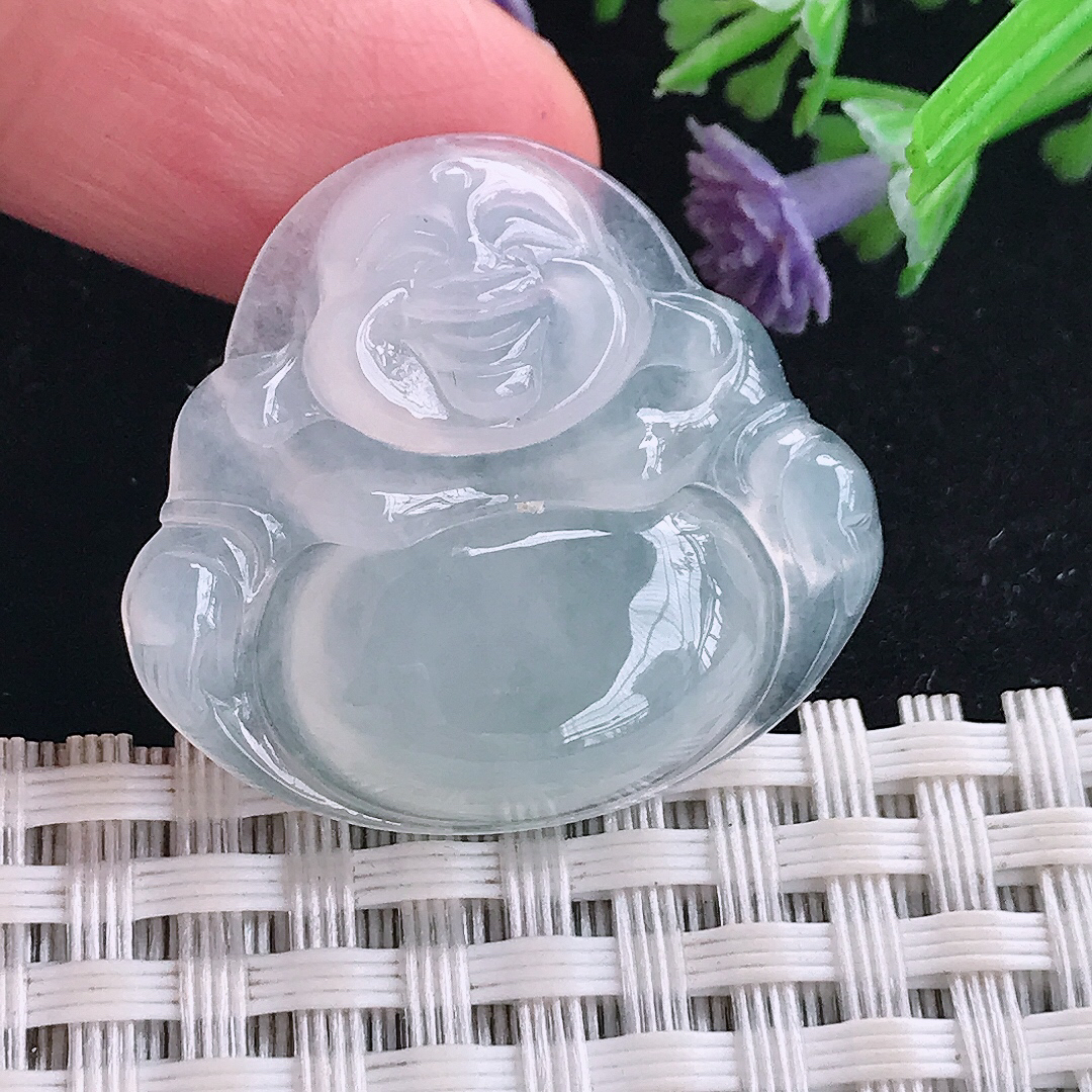 实拍A货翡翠27.3/30/6老坑冰种起胶白冰佛公吊坠翡翠玉牌