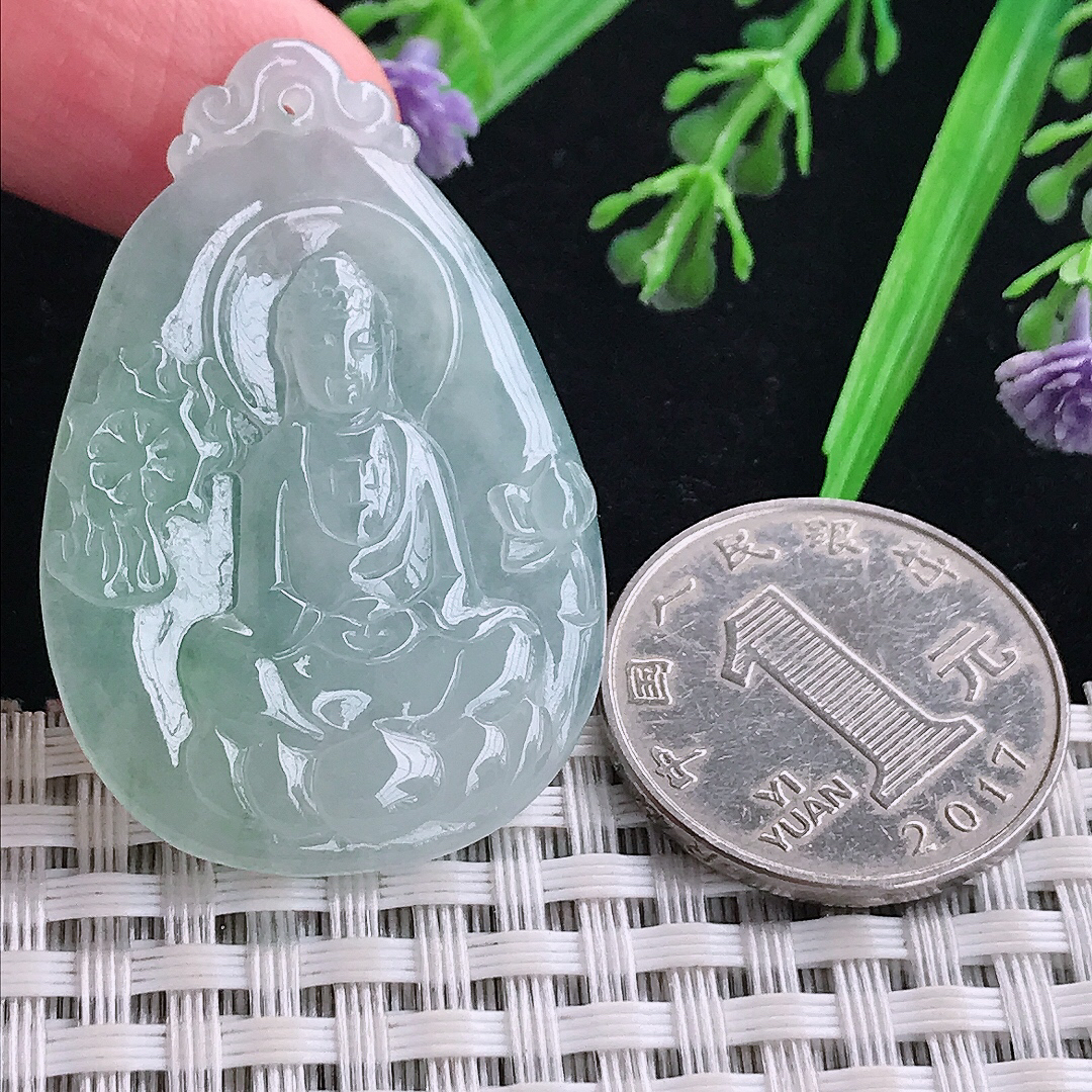 实拍A货翡翠43/29/4.4老坑冰胶果冻冰晴观音菩萨吊坠翡翠玉牌
