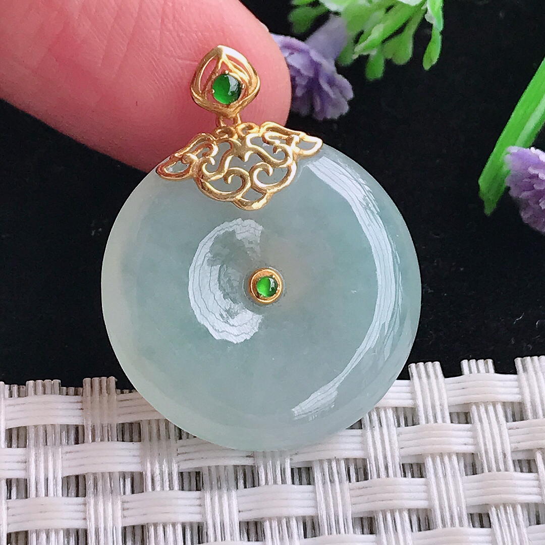 实拍A货翡翠23.9/5.3老坑18k金镶嵌冰胶水灵平安扣吊坠翡翠玉牌