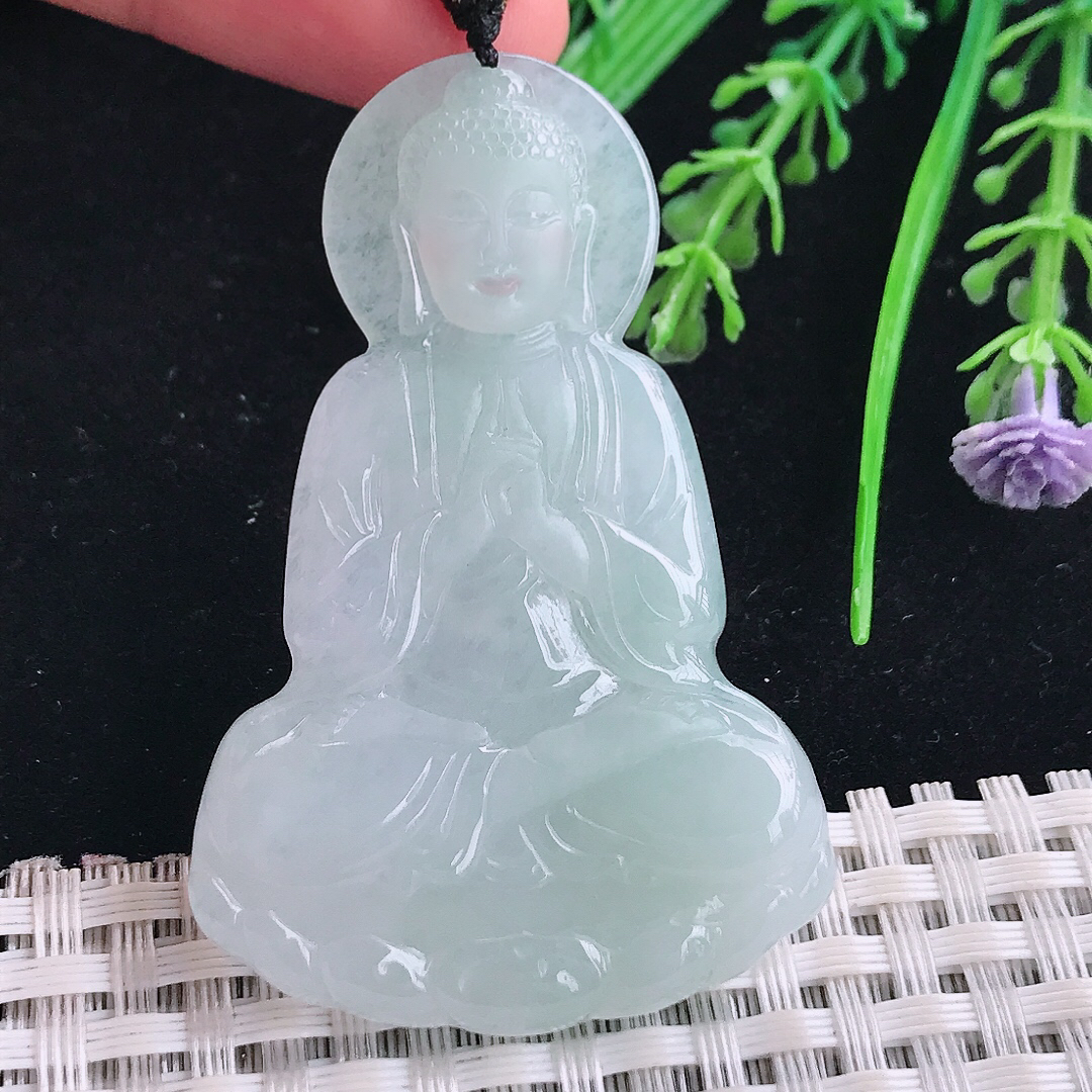 实拍A货翡翠56/37.3/5.2老坑冰胶果冻大日如来佛祖吊坠翡翠玉牌