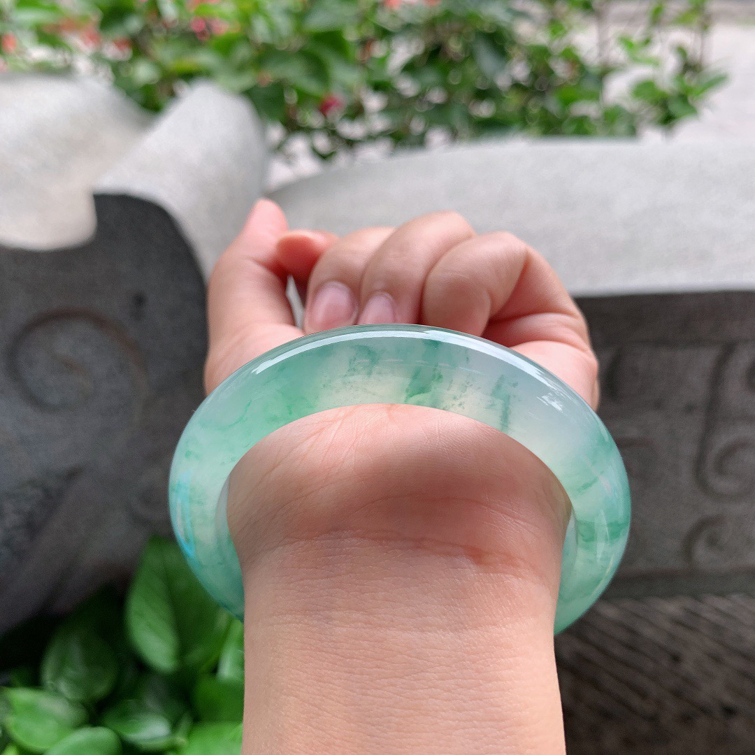 圈口57.6-12.7-8.9 【冰绿飘花正圈手镯】正圈57 58可戴