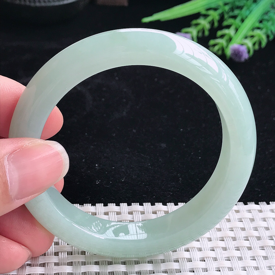 实拍A货翡翠54.5/11.7/9老坑冰纯起胶冰晴绿手镯翡翠宽边玉镯平安镯美人镯