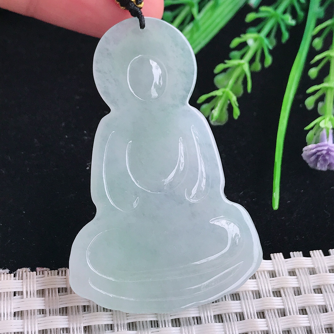 实拍A货翡翠56/37.3/5.2老坑冰胶果冻大日如来佛祖吊坠翡翠玉牌