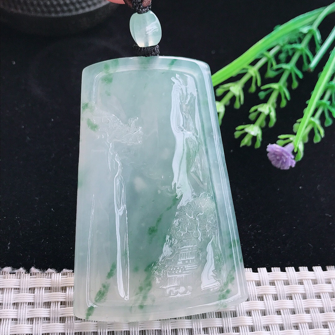 实拍A货翡翠69/46/6.5老坑冰胶果冻冰飘花山水意境牌吊坠翡翠玉牌
