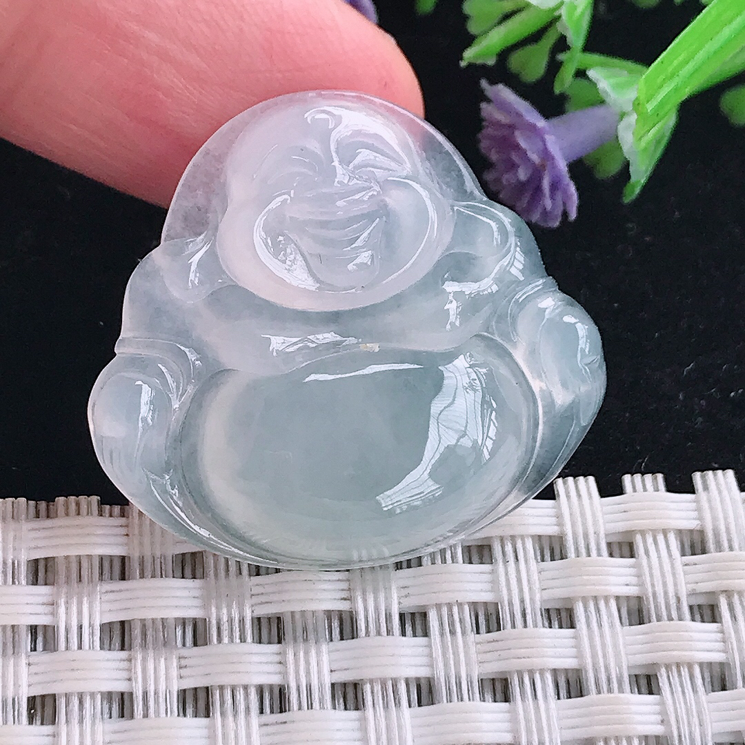 实拍A货翡翠27.3/30/6老坑冰种起胶白冰佛公吊坠翡翠玉牌