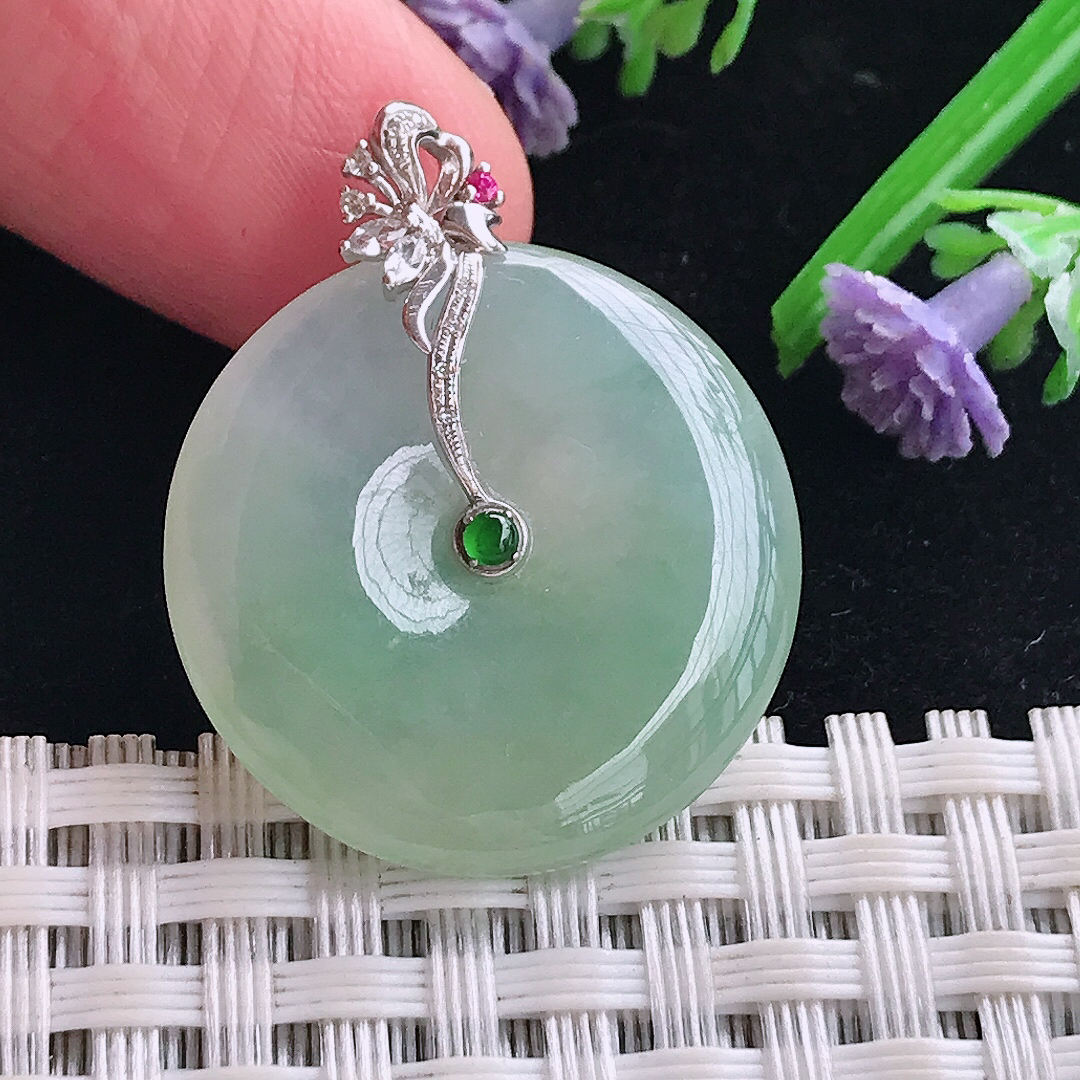 实拍A货翡翠24.6/4.7老坑18k金镶嵌冰胶冰晴绿平安扣吊坠翡翠玉牌