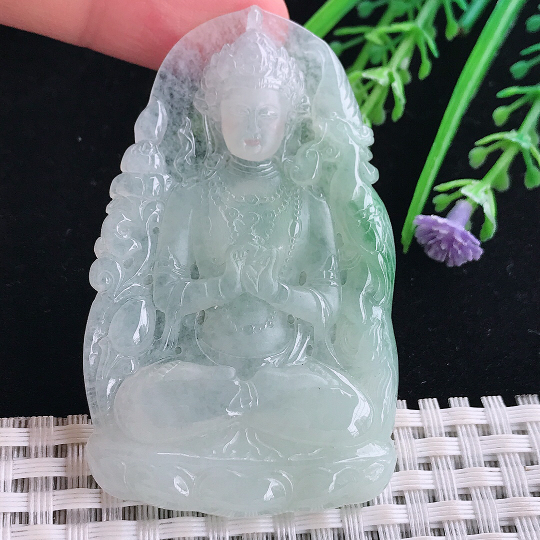 实拍A货翡翠61.5/38.6/5.5老坑冰润起胶冰晴赐福观音吊坠翡翠玉牌
