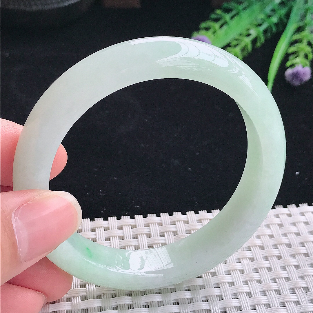 实拍A货翡翠55/12.5/8.3老坑冰润起胶冰晴绿手镯翡翠宽边玉镯平安镯美人镯