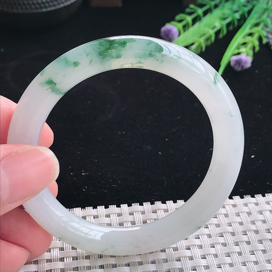 实拍A货翡翠53.5/9/9.3老坑冰胶果冻冰飘花圆条手镯翡翠玉镯平安镯