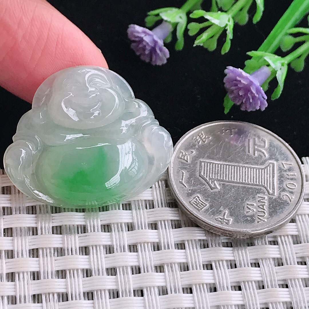 实拍A货翡翠24.9/29.8/5.7老坑冰胶水灵飘阳绿佛公吊坠翡翠玉佛挂件