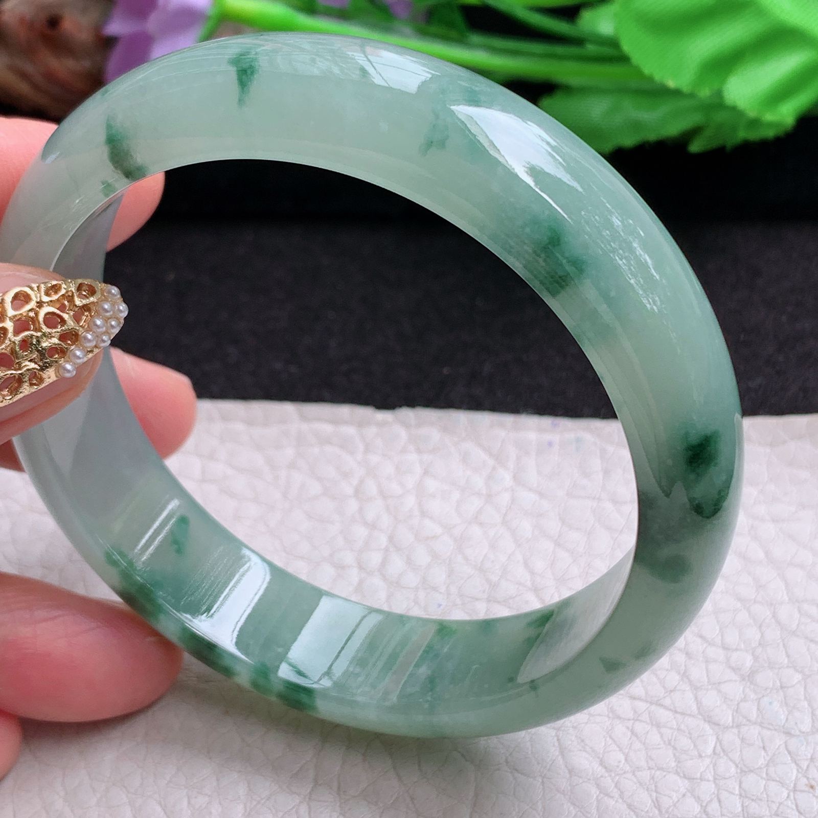 p实拍59.6*15*7.6平安镯 天然缅甸翡翠a货手镯冰飘花正圈玉镯子