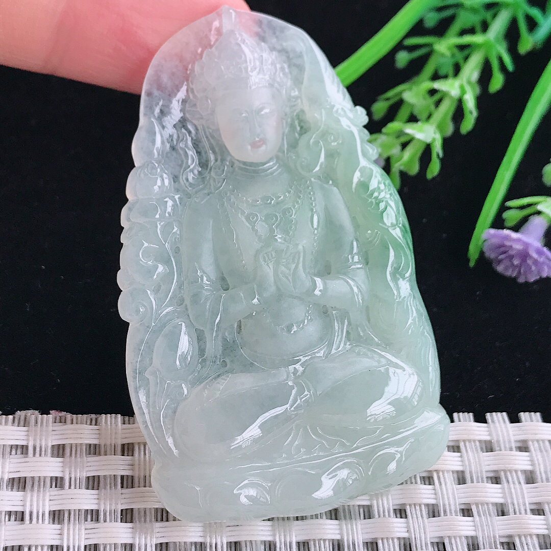 实拍A货翡翠61.5/38.6/5.5老坑冰润起胶冰晴赐福观音吊坠翡翠玉牌