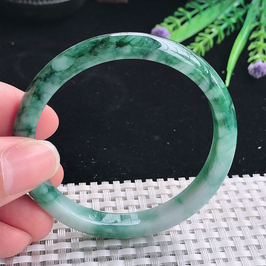 实拍A货翡翠55.5/8.5/6.6老坑精美温润飘花手镯翡翠宽边玉镯平安镯美人镯