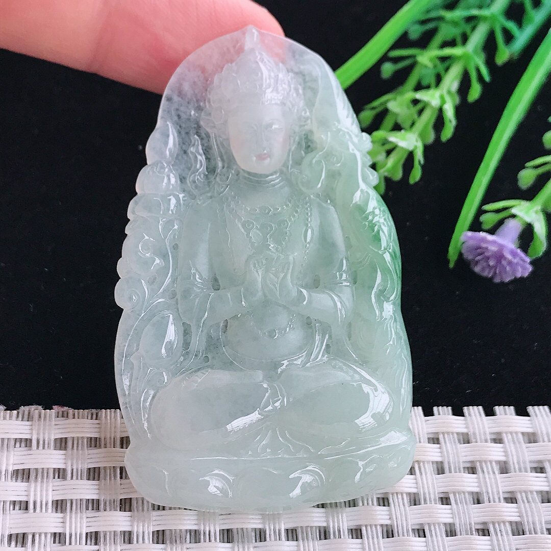 实拍A货翡翠61.5/38.6/5.5老坑冰润起胶冰晴赐福观音吊坠翡翠玉牌