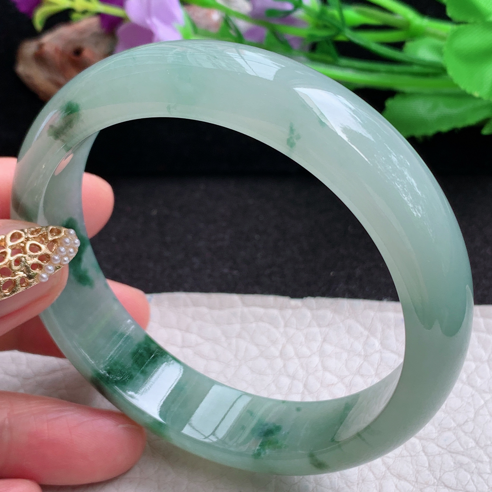 p实拍59.6*15*7.6平安镯 天然缅甸翡翠a货手镯冰飘花正圈玉镯子