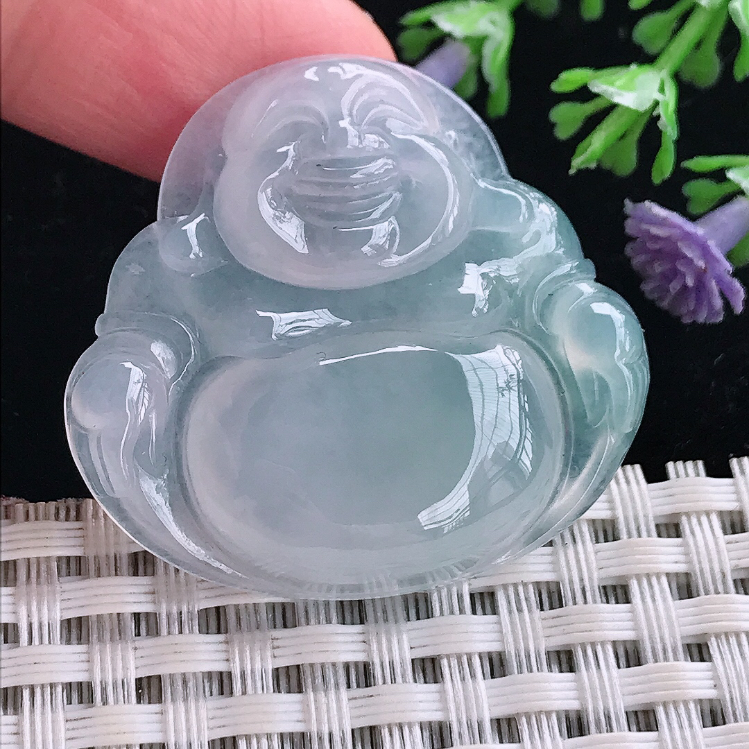 实拍A货翡翠33.8/36.3/6.3老坑冰种果冻胶冰晴天空蓝佛公吊坠