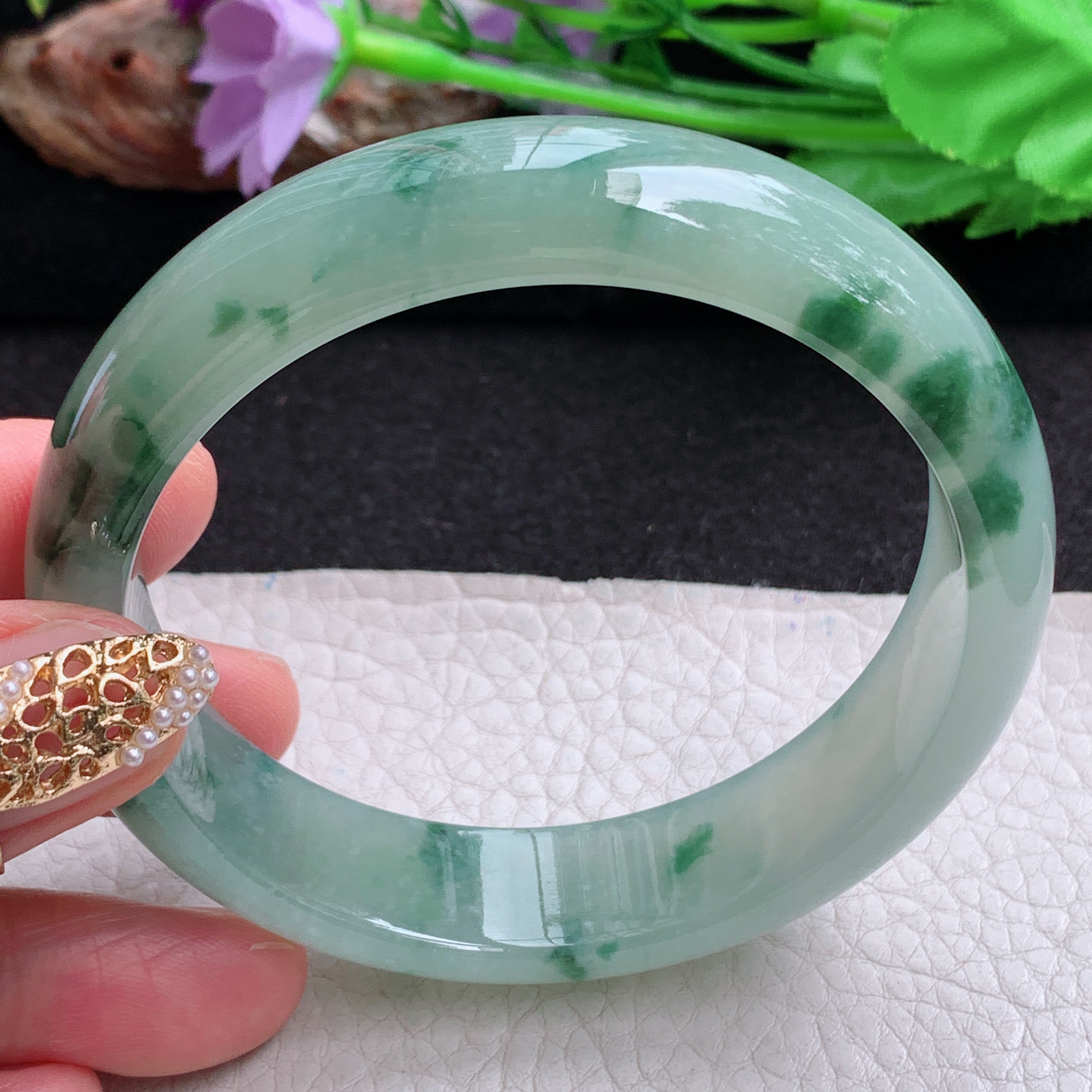 p实拍59.6*15*7.6平安镯 天然缅甸翡翠a货手镯冰飘花正圈玉镯子