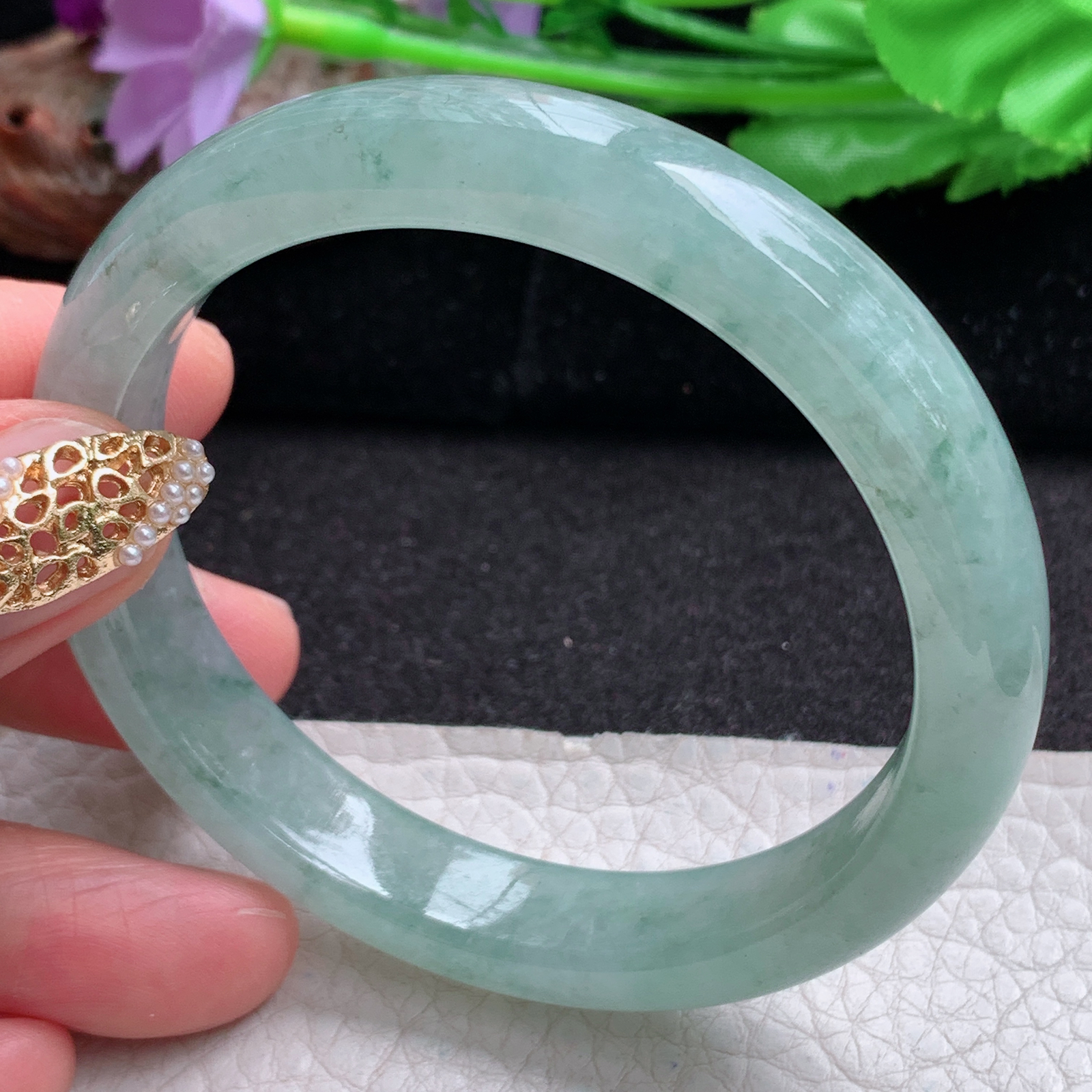 zjf实拍56*11.3*7.5平安镯 天然缅甸翡翠a货手镯冰润飘绿花正圈玉镯子